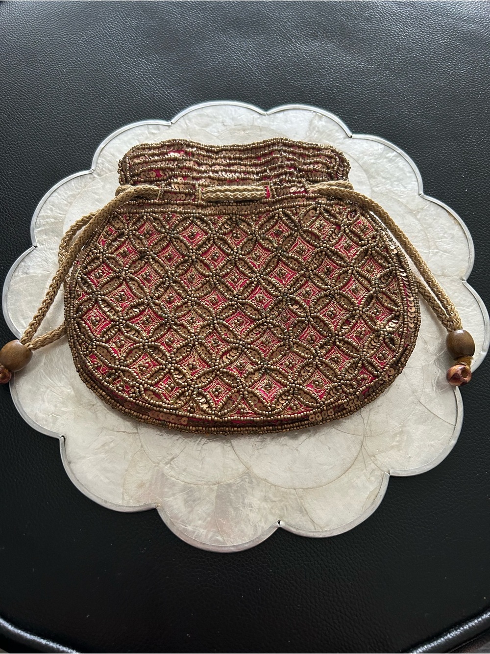Vintage Glass Beaded  Drawstring Evening Clutch in Gold and Pink